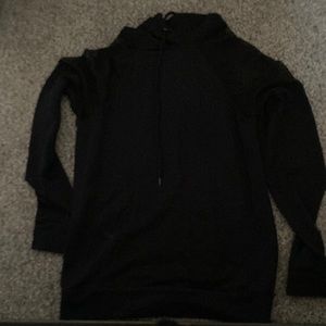Long sleeve black athletic shirt with hood and mesh shoulders
